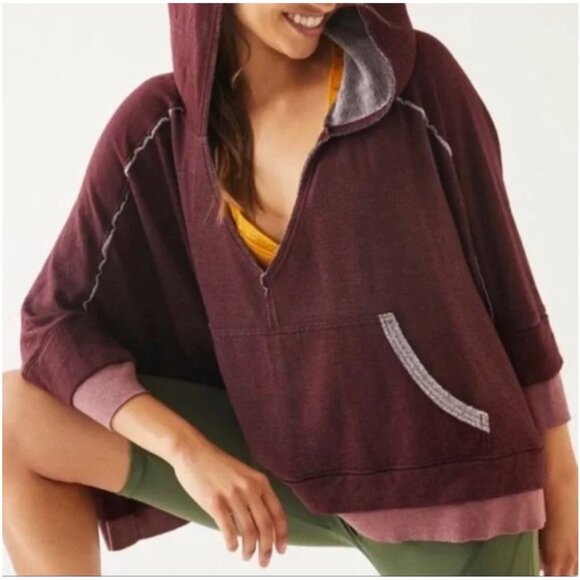 Free People Tops - XS We the Free People Bonfire Hoodie Cropped Sweatshirt Fig Maroon Oversized Coz